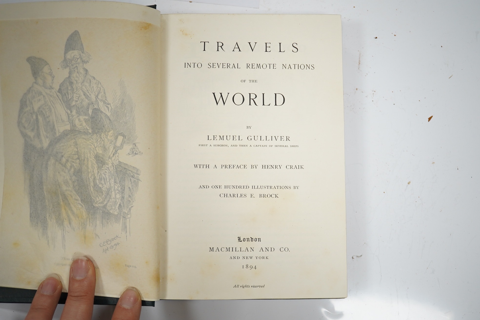 [Swift, Jonathan] Travels into Several Remote Nations of the World. By Lemuel Gulliver ... one hundred illustrations by Charles E. Brock. frontis and engraved illus. (some full page); original gilt pictorial cloth and ge